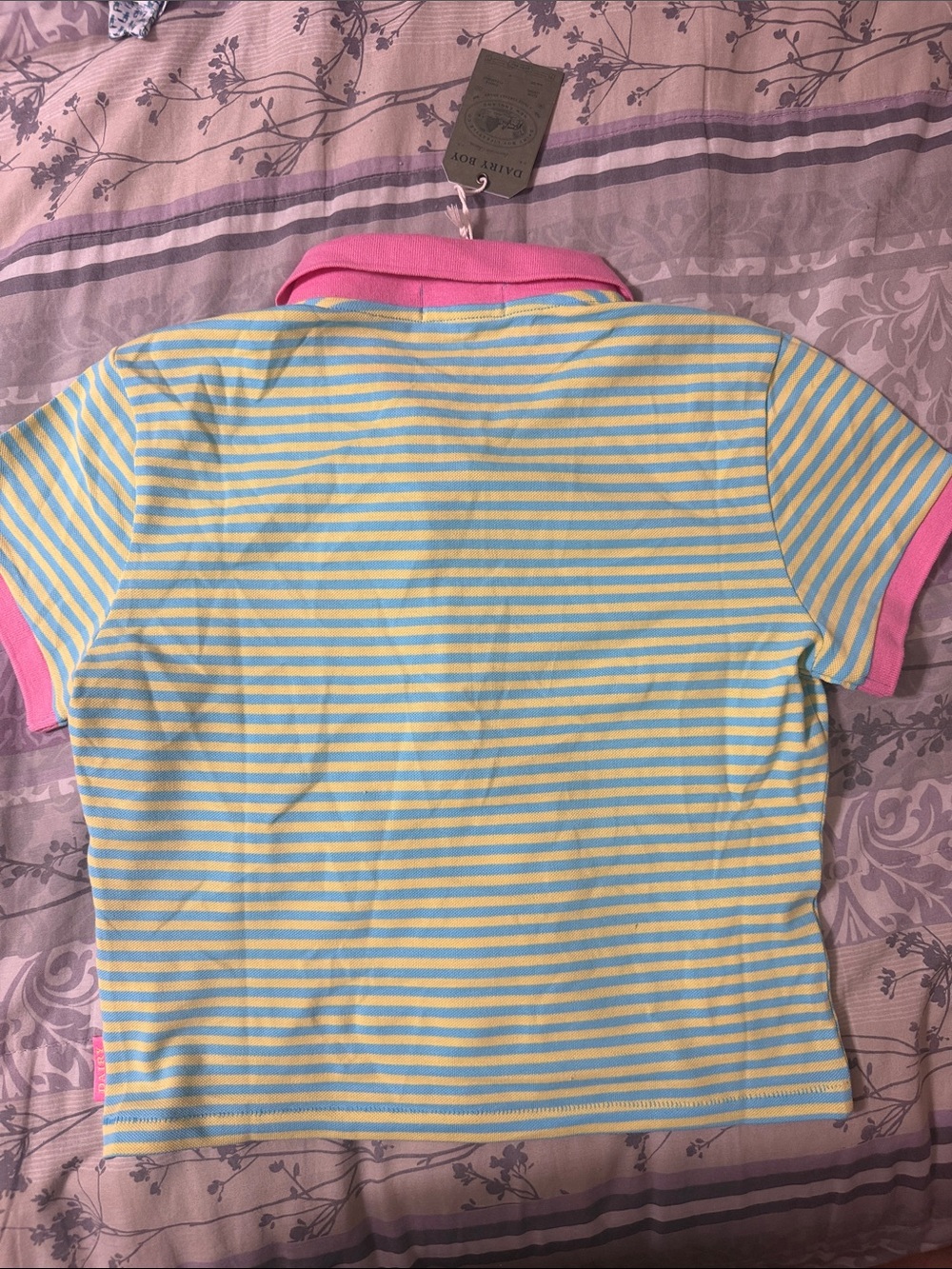 Dairy Boy Pastel Striped Crop Polo Top with Pink Collar - Picture 3 of 3
